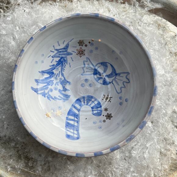Blue & White Christmas Pottery Bowl with a Candy Cane, Peppermint, and Tree - Picture 1 of 10